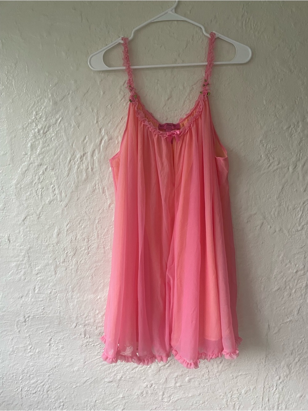 Betsy Johnson pink sheer slip lingerie babydoll dress chemise ruffles floral; 2X